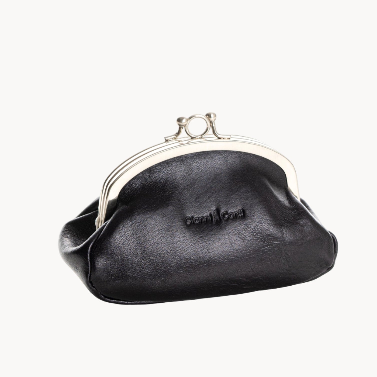 Black coin purse with a silver clasp on a white background