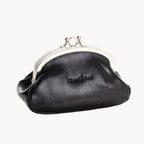 Black coin purse with a silver clasp on a white background