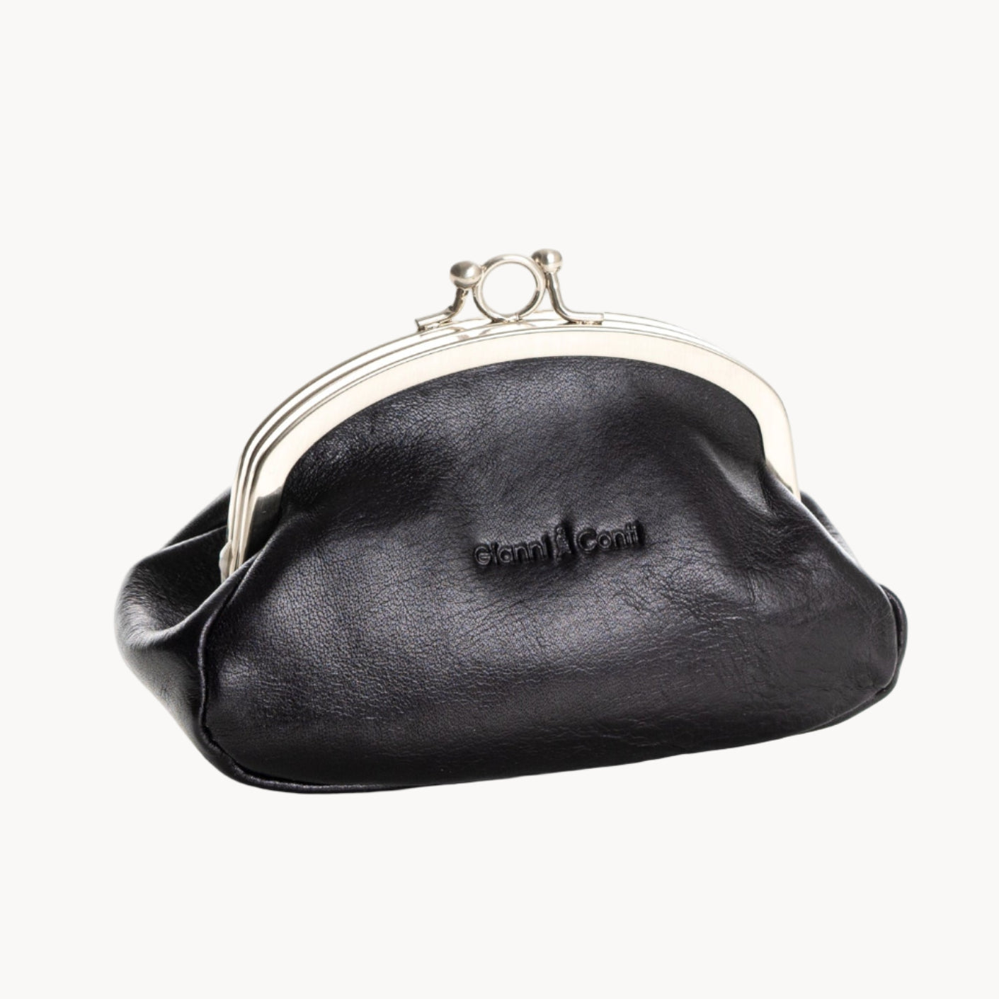 Black coin purse with a silver clasp on a white background