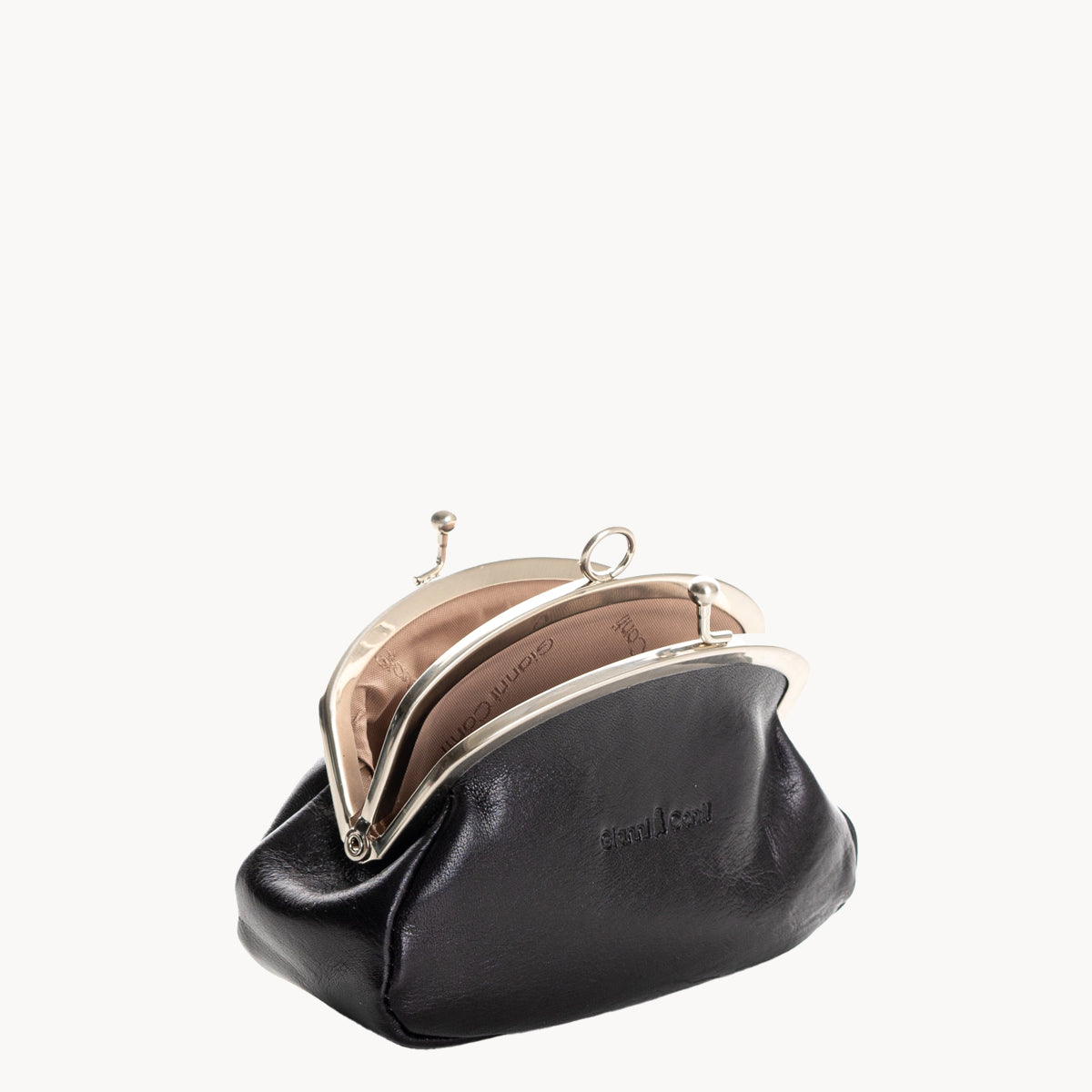 Black leather coin purse with gold clip clasp on a white background