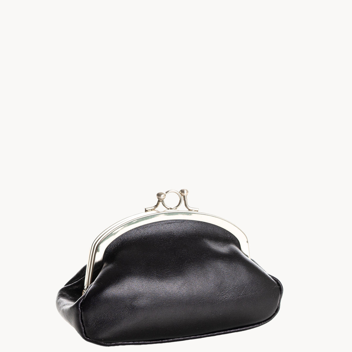 Black leather coin purse with gold clip clasp on a white background
