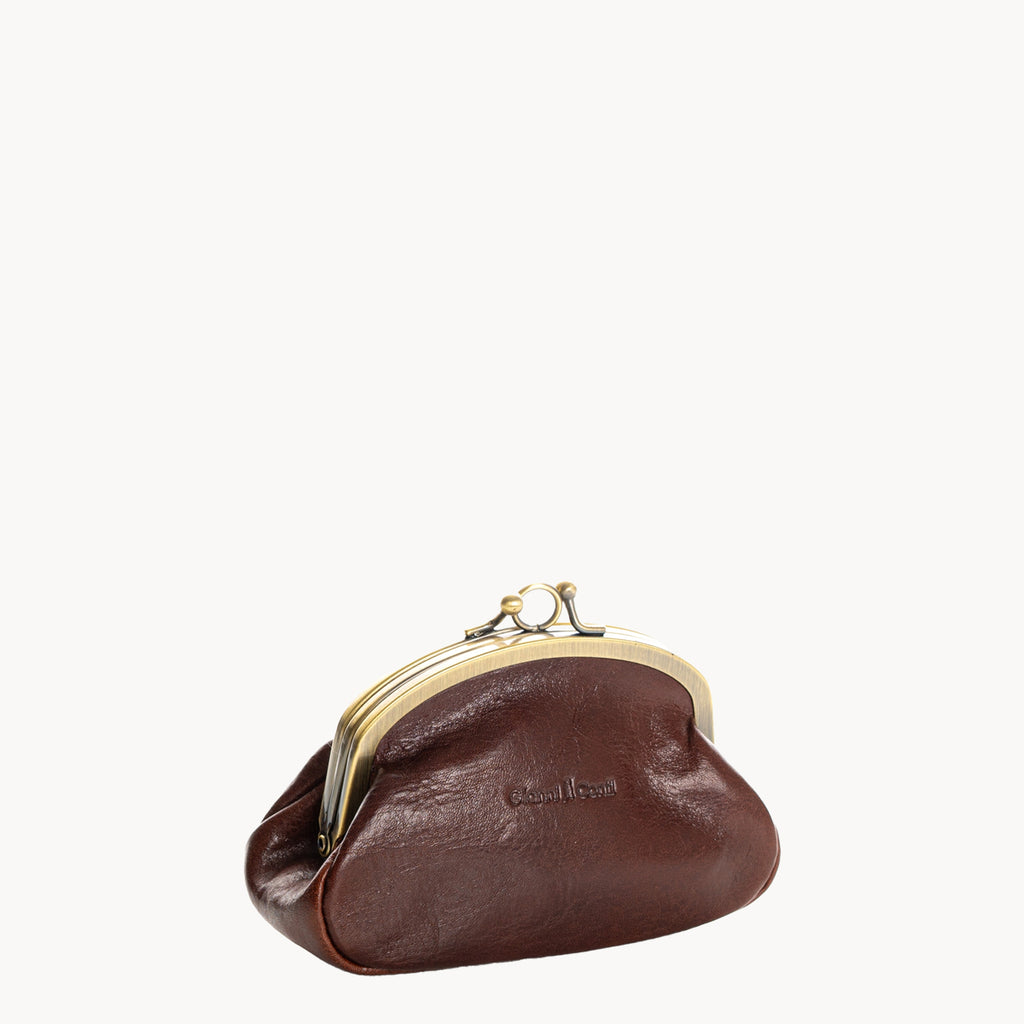 Brown leather coin purse with gold clip clasp on a white background