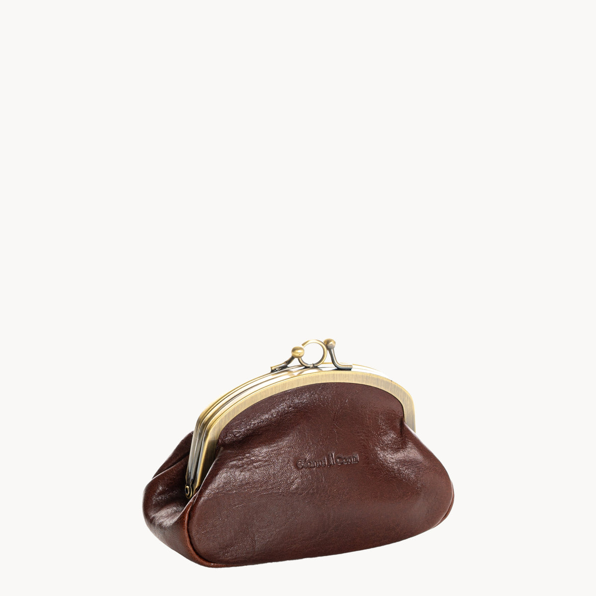 Brown leather coin purse with gold clip clasp on a white background