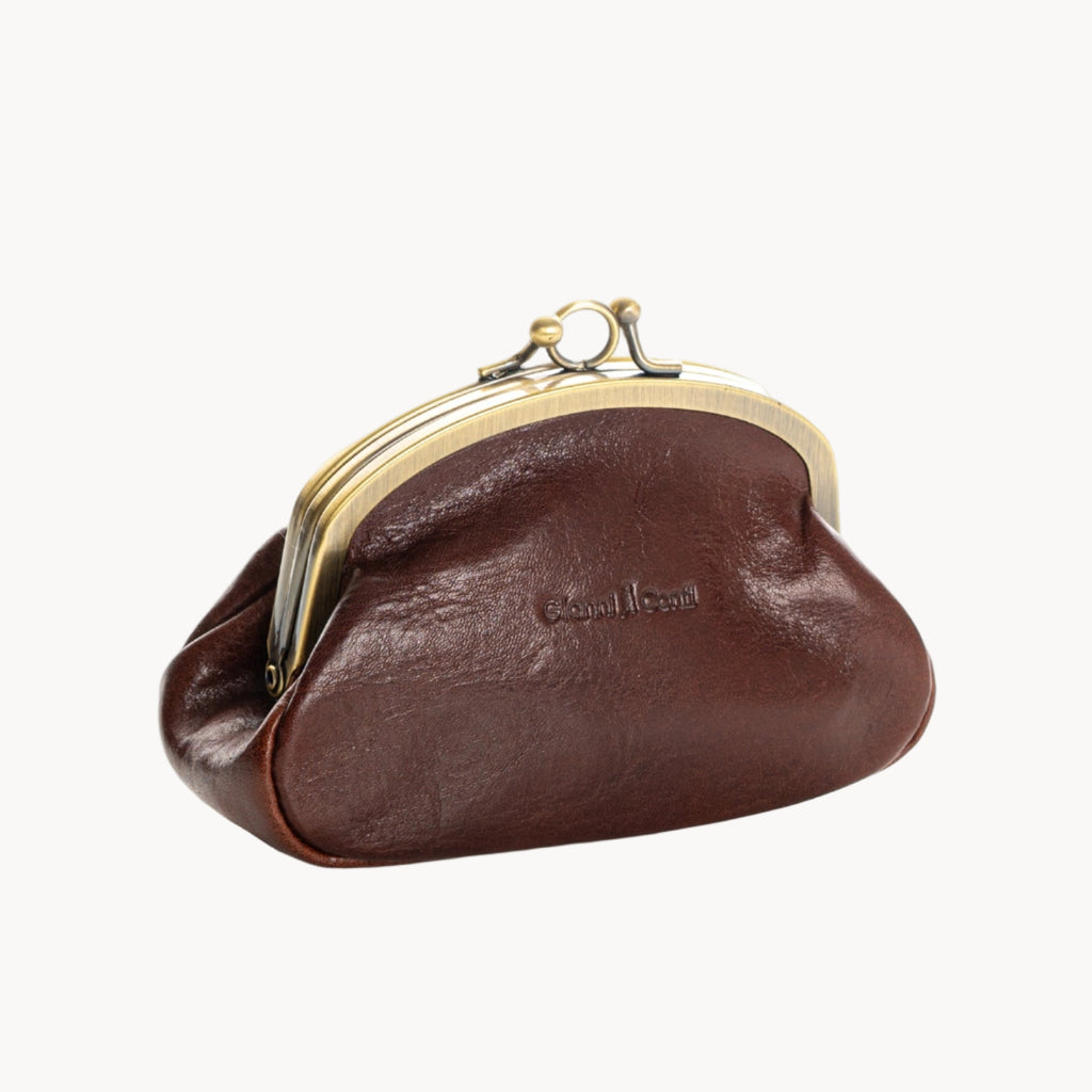 Brown leather coin purse with gold clasp on a white background