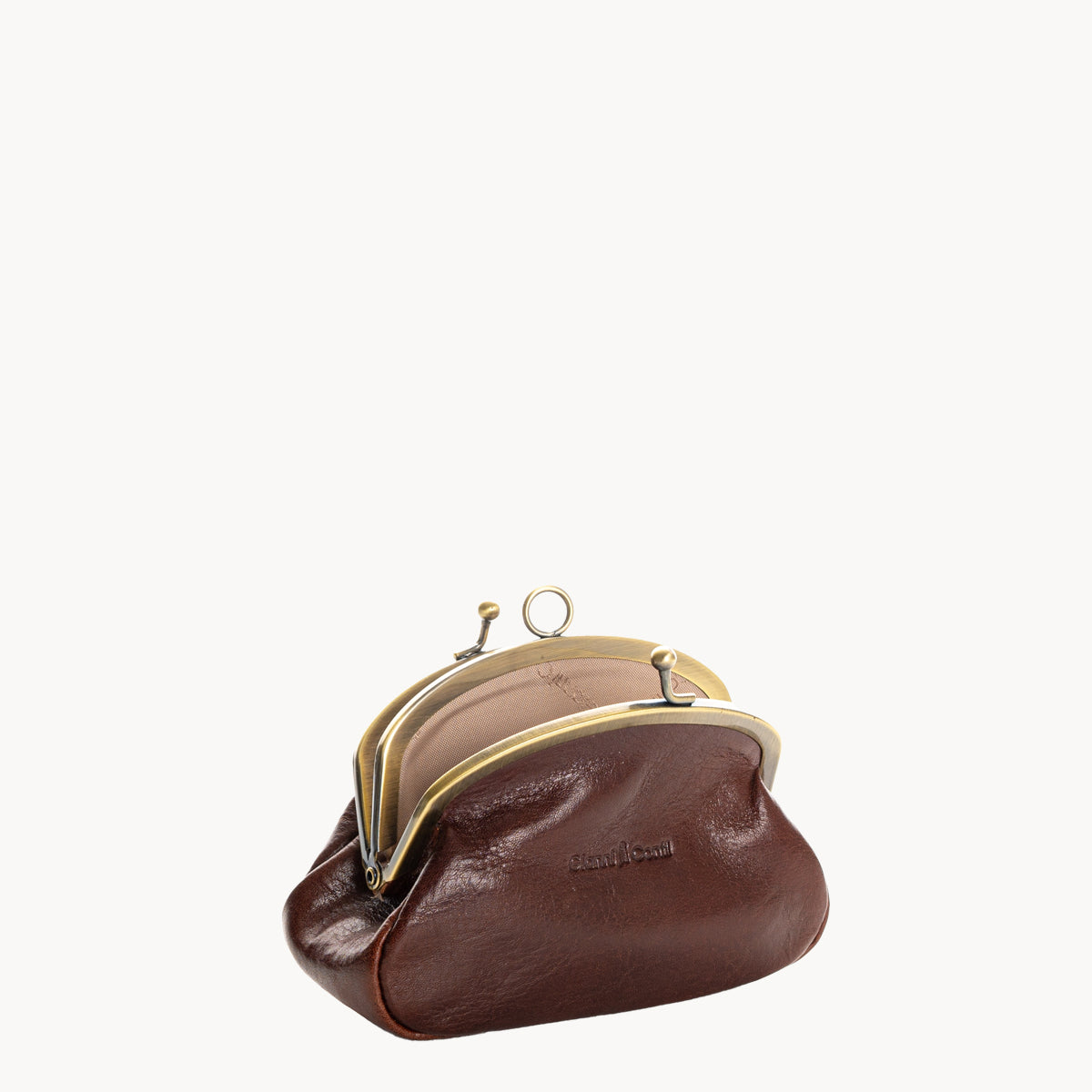 Brown leather coin purse with gold clip clasp on a white background