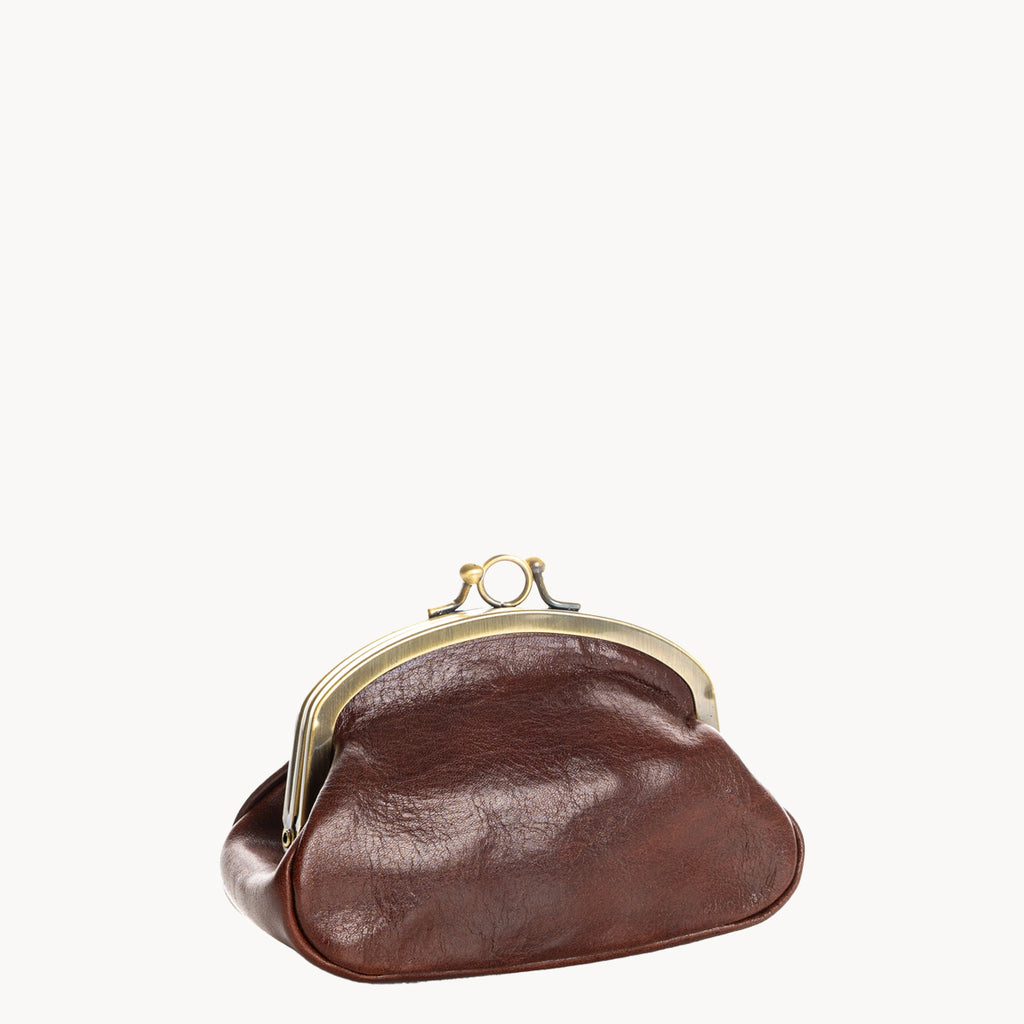 Brown leather coin purse with gold clip clasp on a white background