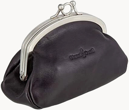 Black coin purse with silver clasp on a white background