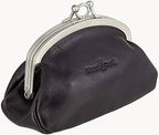 Black coin purse with silver clasp on a white background
