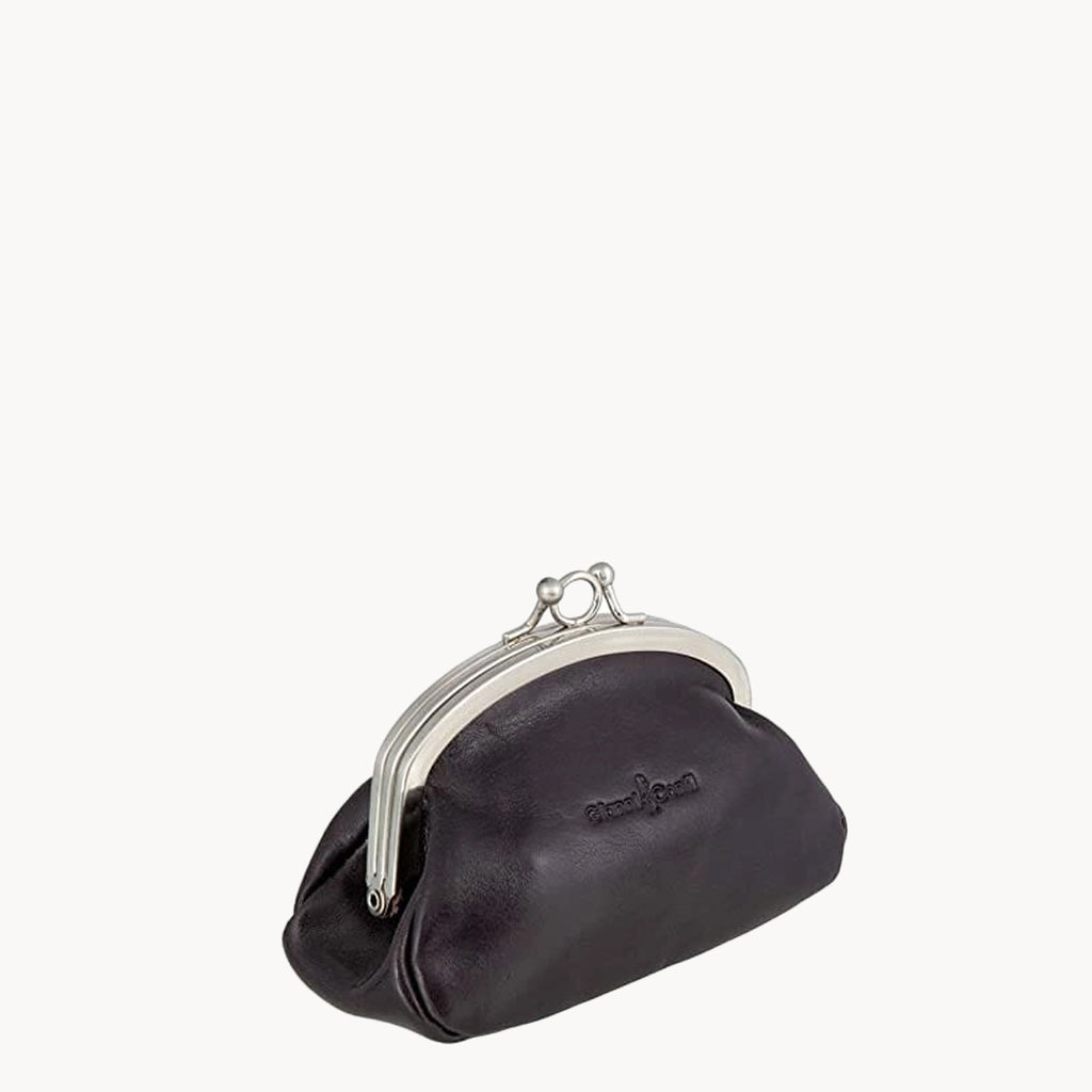 Navy leather coin purse with gold clip clasp on a white background