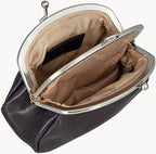 Black leather coin purse with beige interior on a white background