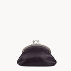 Navy leather coin purse with gold clip clasp on a white background