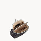Navy leather coin purse with gold clip clasp on a white background