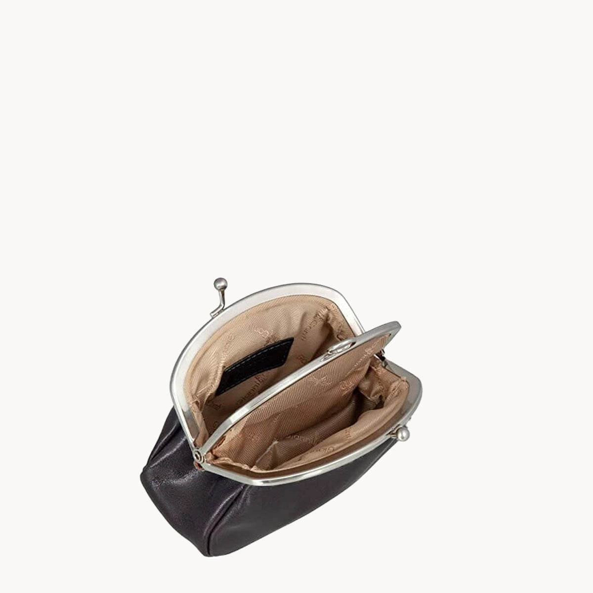 Navy leather coin purse with gold clip clasp on a white background