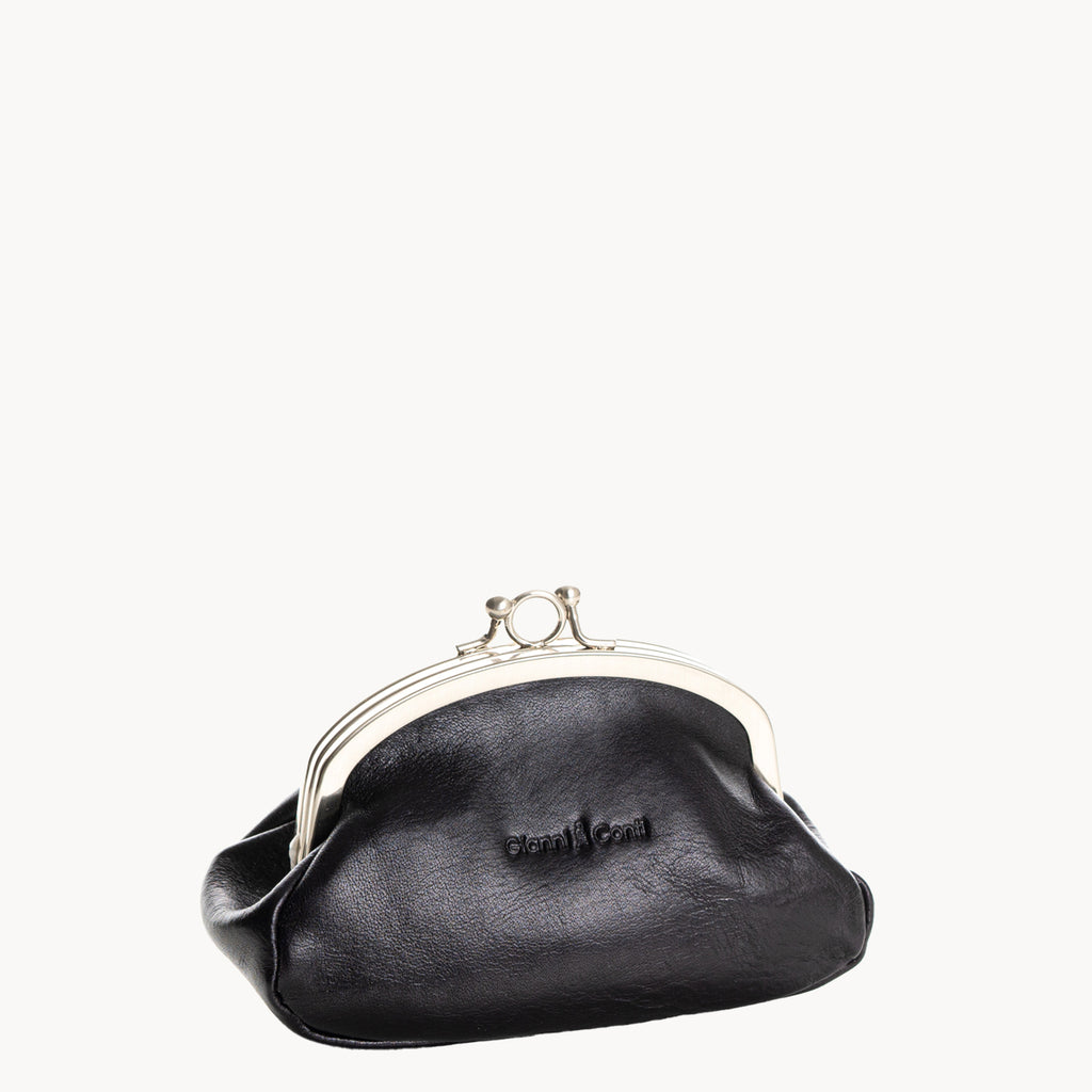 Gianni Conti Clip Top Leather Coin Purse in Black - front view showing classic clip frame