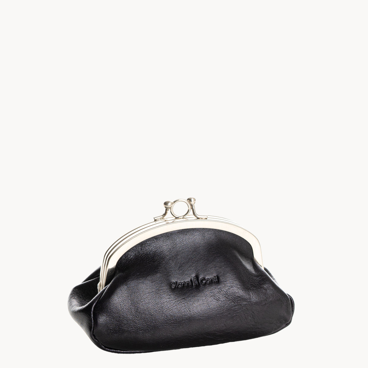 Black leather coin purse with gold clip clasp on a white background