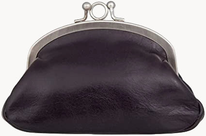 Black coin purse with a silver clasp on a white background