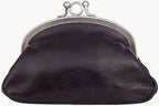 Black coin purse with a silver clasp on a white background