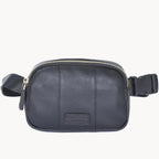 Black leather waist bag with a visible brand logo on a white background