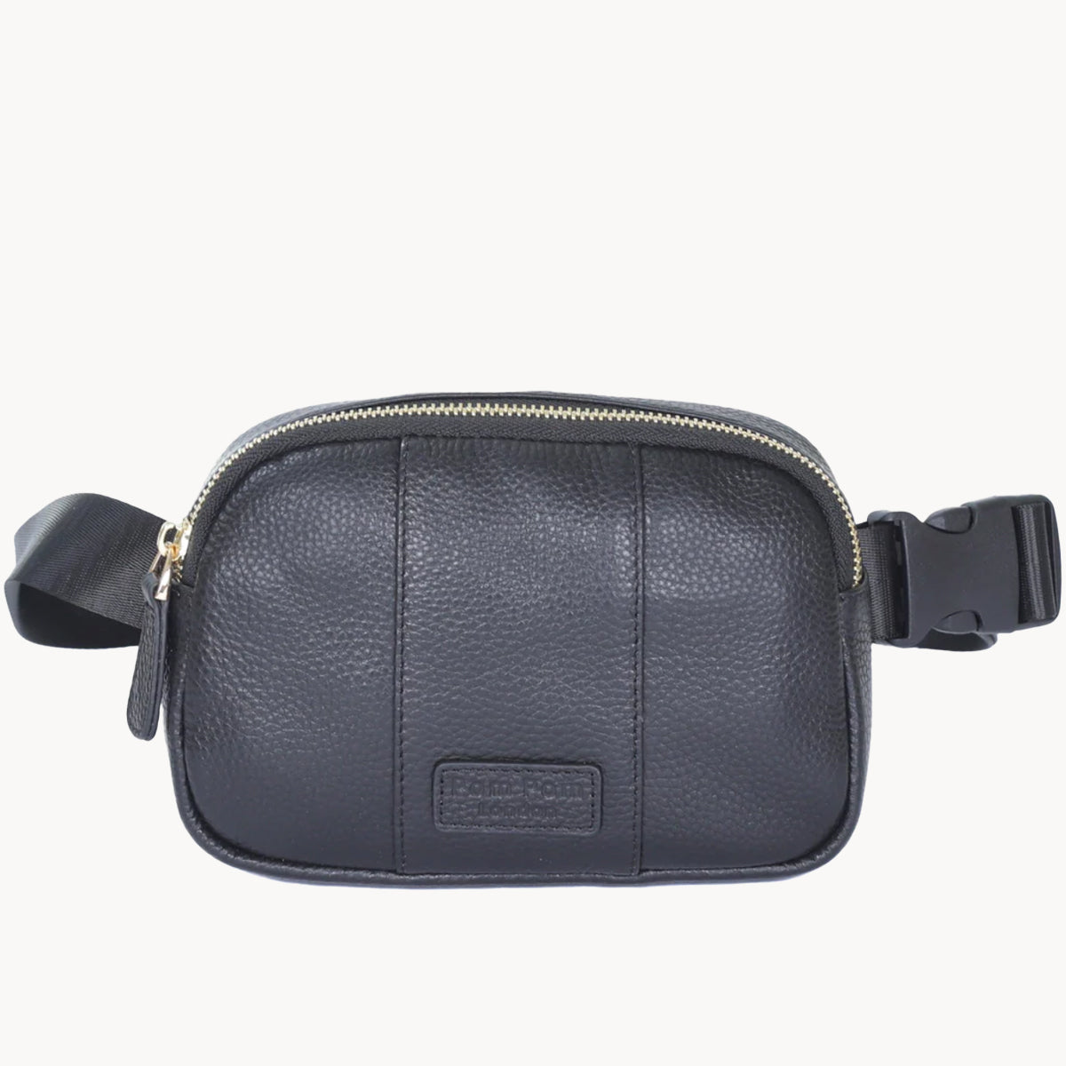 Black leather waist bag with a visible brand logo on a white background