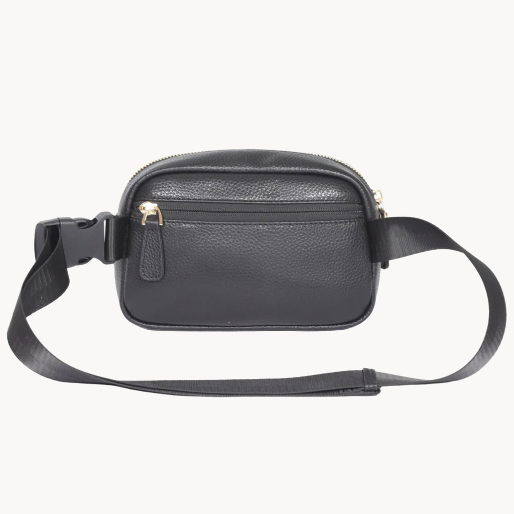 Black leather waist bag with a strap on a white background