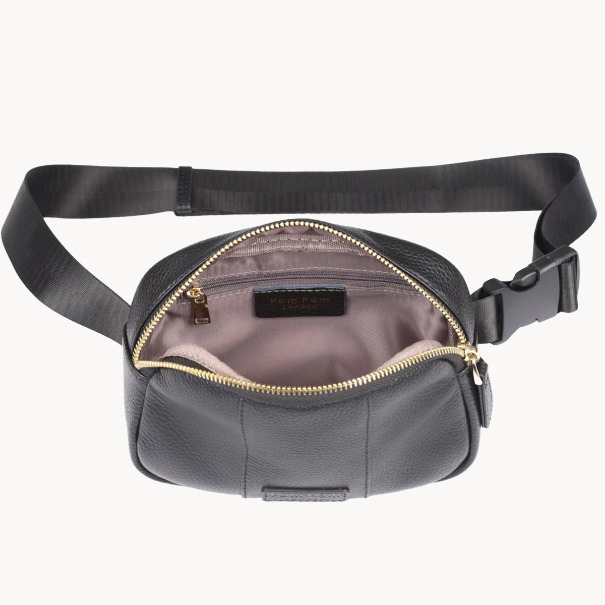Black waist bag with a gold zipper on a white background