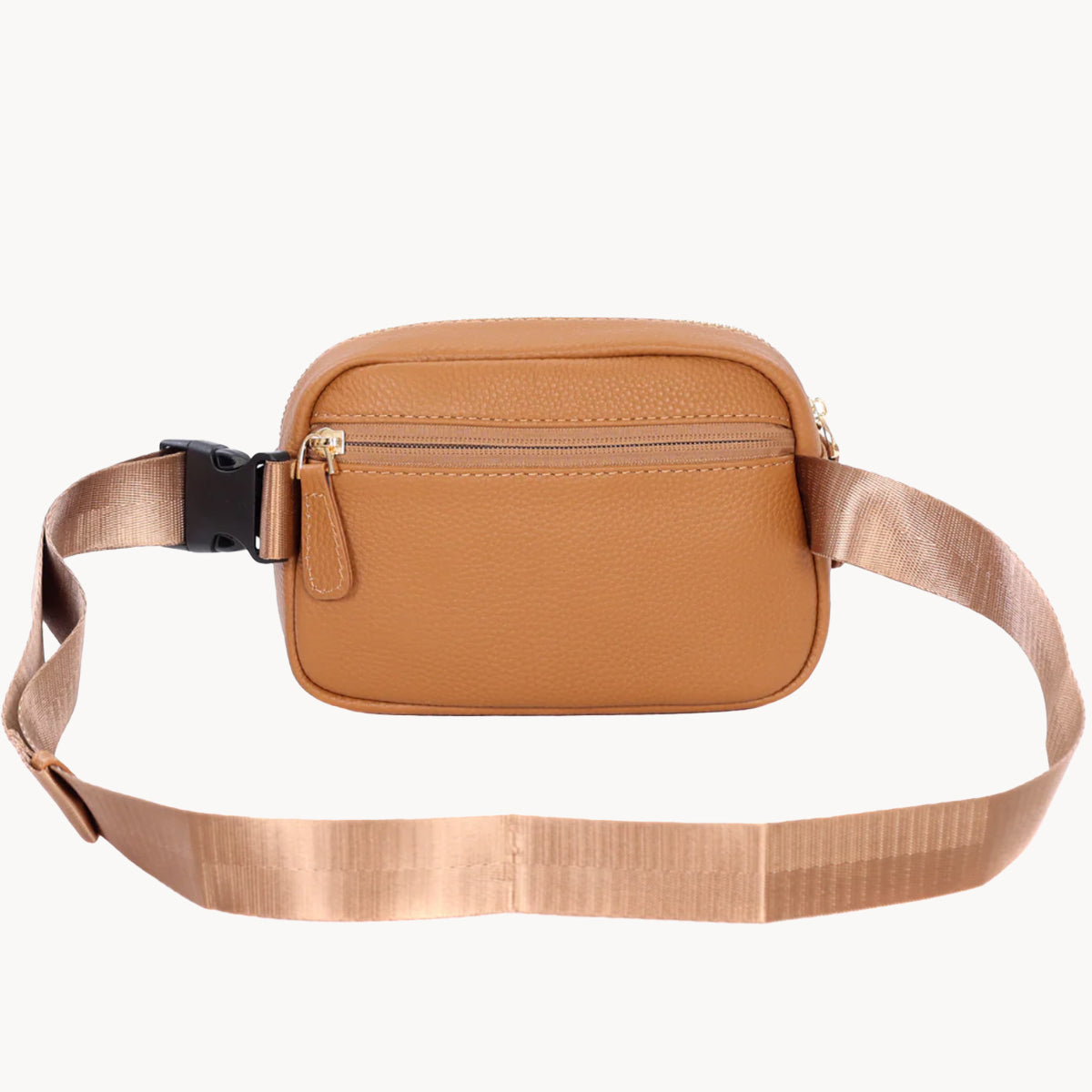 Tan waist bag with a strap on a white background
