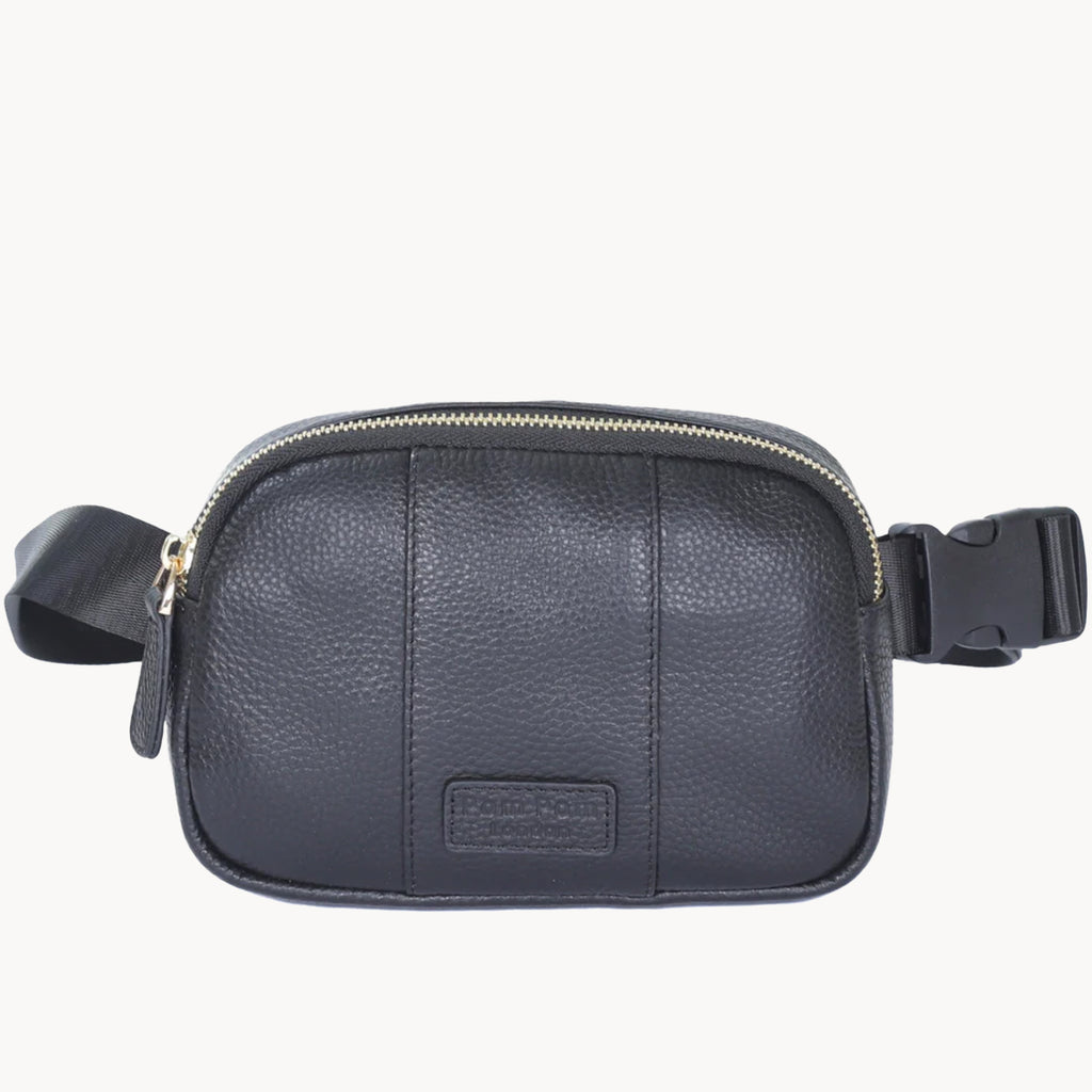 Navy leather waist bag with a visible brand logo on a white background