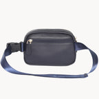 Navy blue waist bag with a strap on a white background