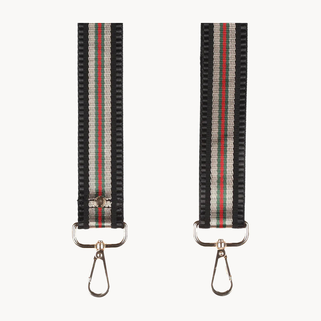 Black, bronze, red and green stripe handbag strap with gold hardware.