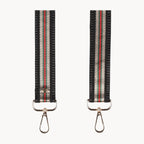 Black, bronze, red and green stripe handbag strap with gold hardware.