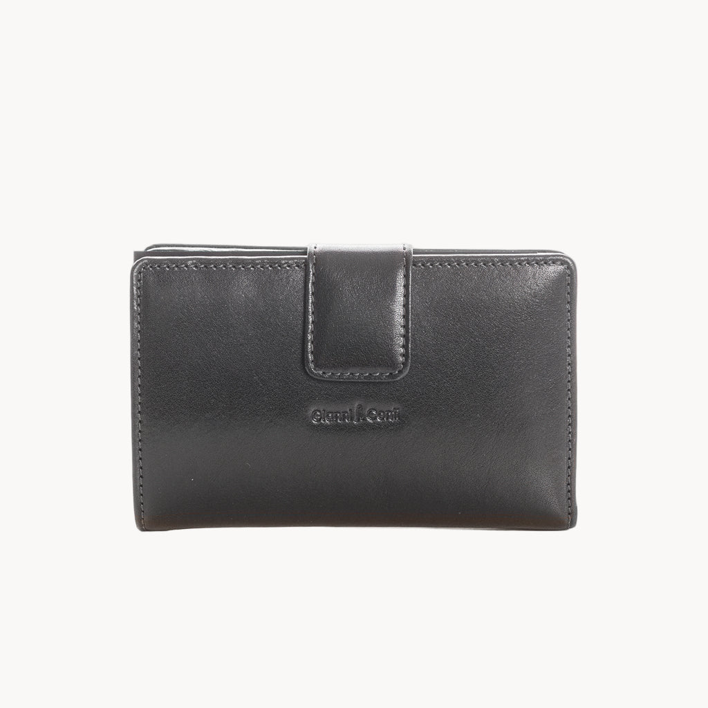 Black leather wallet with a visible brand logo on a white background