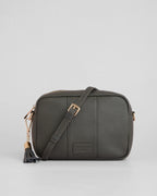 Volcano Grey pebble leather crossbody bag with tassle and gold hardward