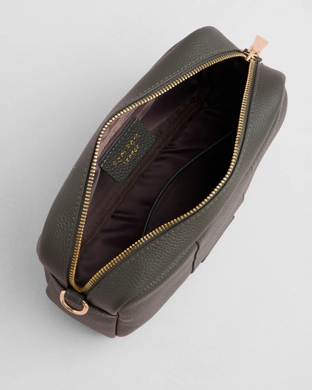 Volcano Grey pebble leather crossbody bag with tassle and gold hardward - inside view