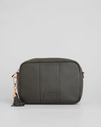 Volcano Grey pebble leather crossbody bag with tassle and gold hardward