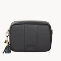 Black leather crossbody bag with gold zipper and tassel on a white background