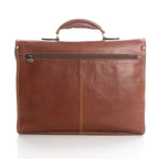 Tan leather briefcase with exterior zip compartment on white background