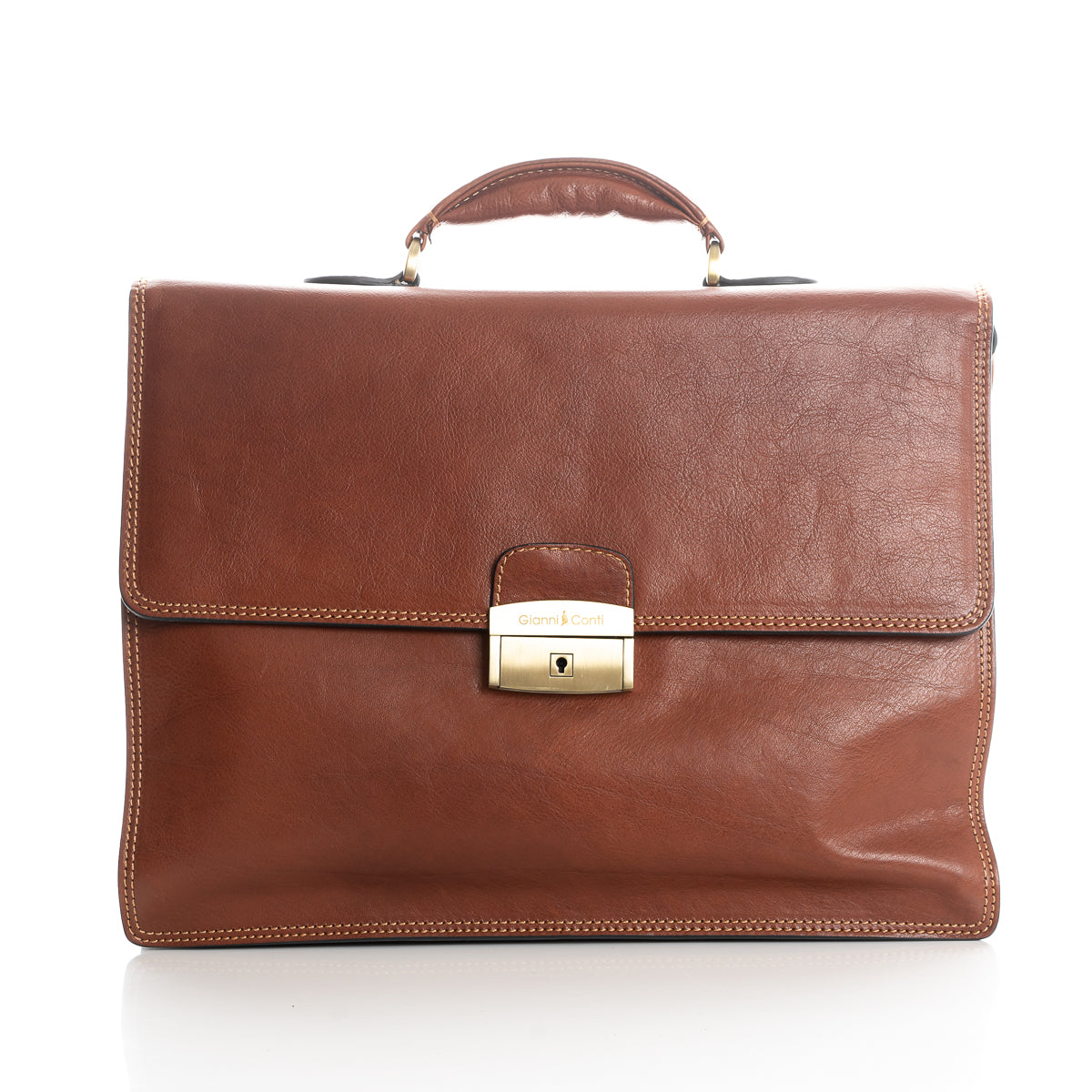 Tan leather briefcase with gold coloured lock on white background
