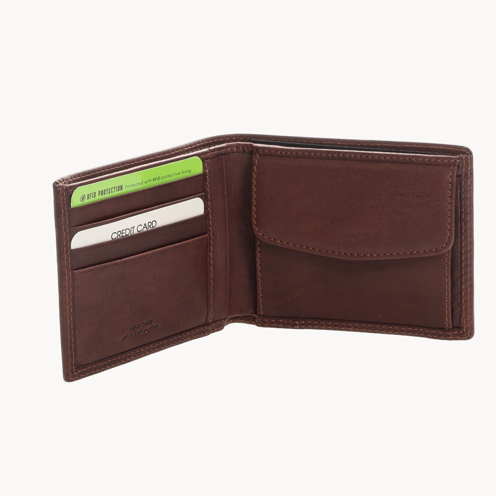 Brown leather wallet with card slots on a white background