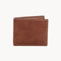 Tan leather wallet on a white background