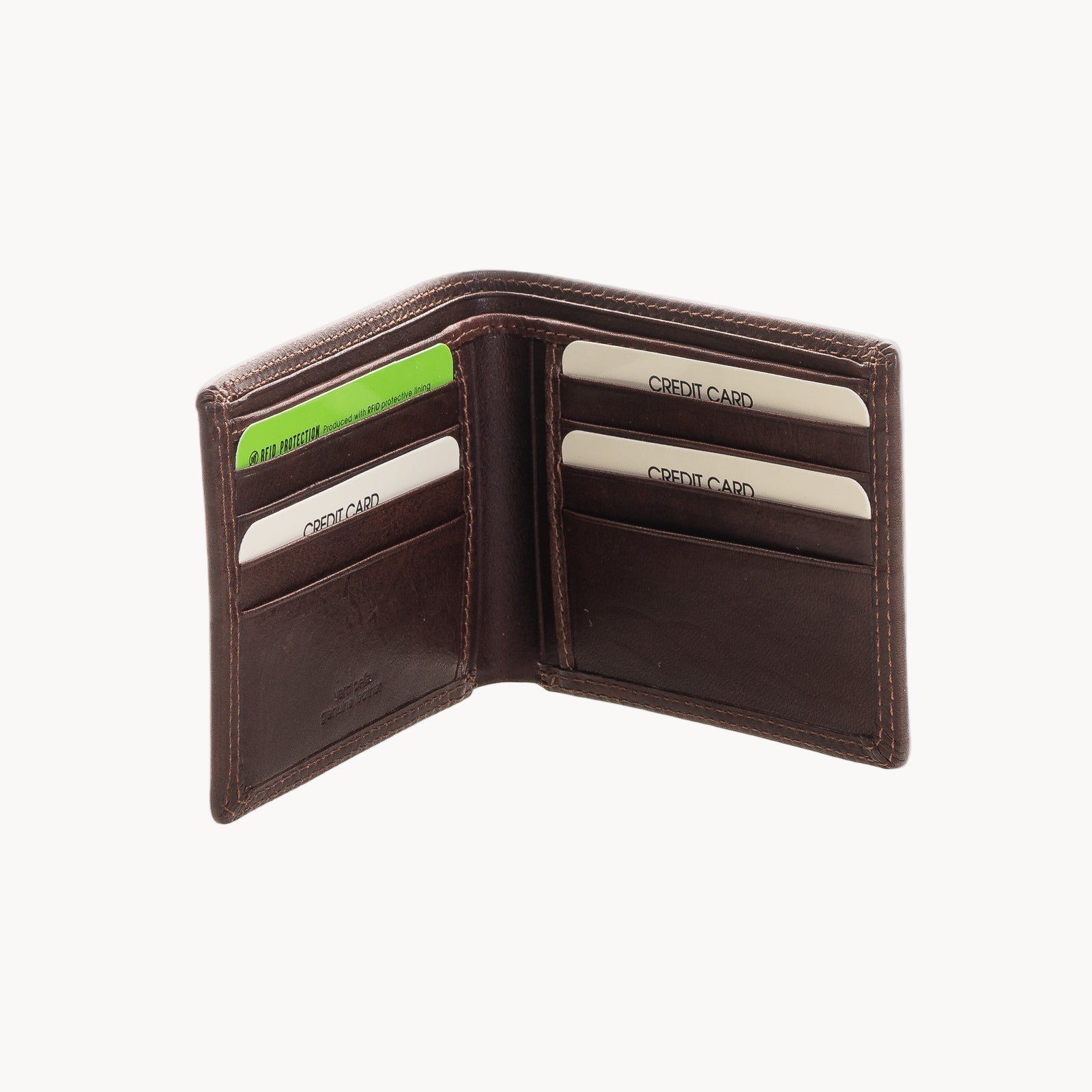 Brown leather wallet with card slots on a white background