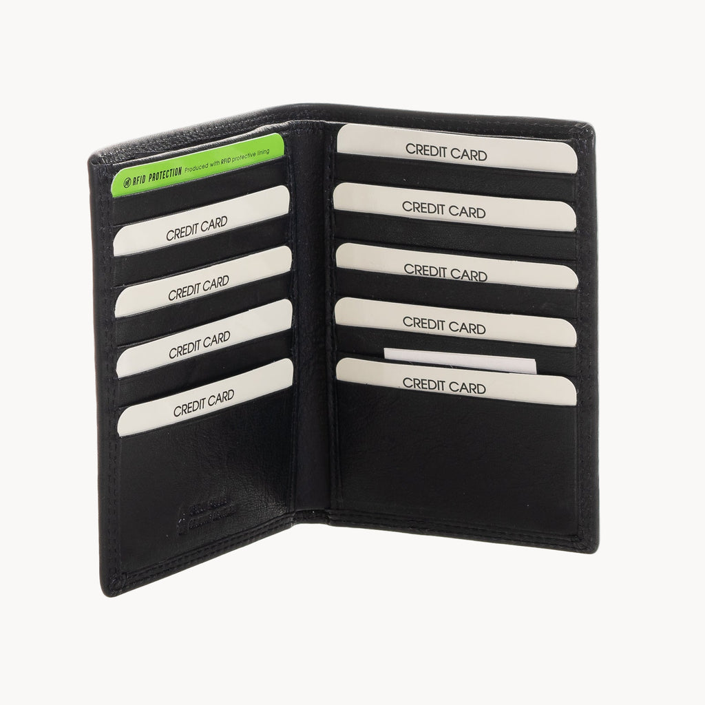 Black wallet with multiple credit card slots on a white background