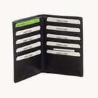 Black wallet with multiple credit card slots on a white background