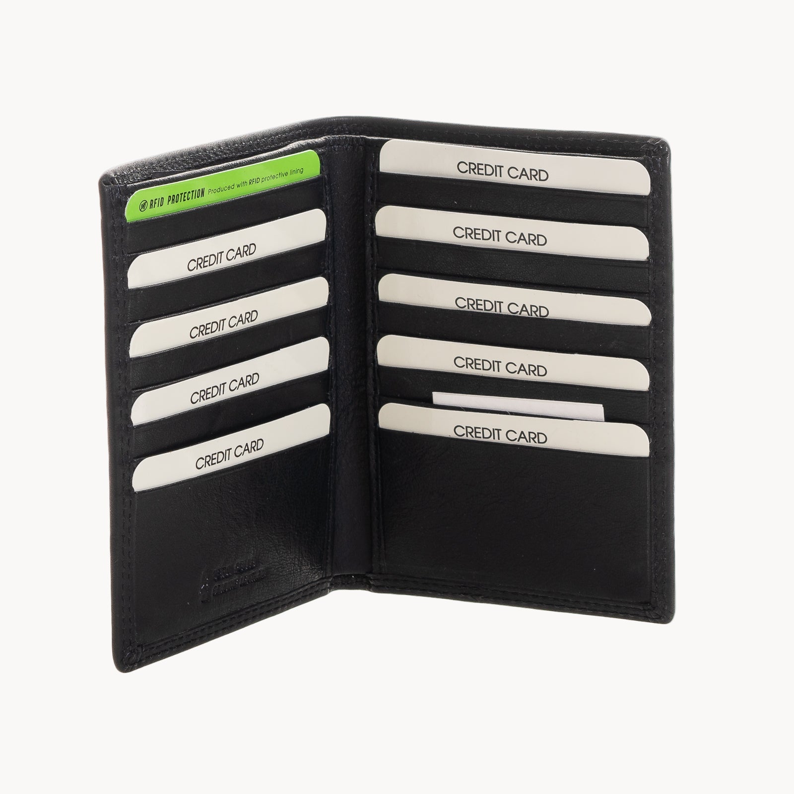 Black wallet with multiple credit card slots on a white background