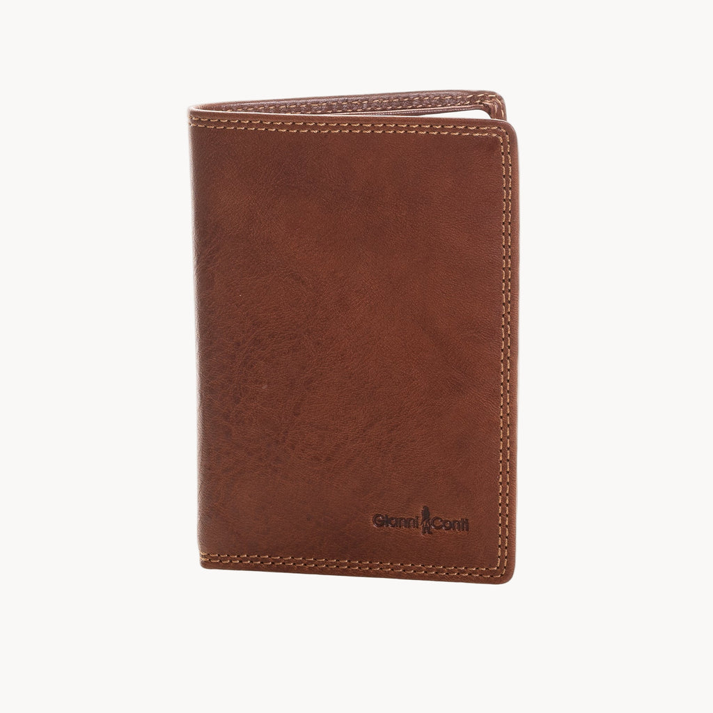 Brown leather wallet with visible brand logo on a white background