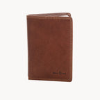 Brown leather wallet with visible brand logo on a white background