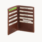 Brown leather wallet with card slots on a white background