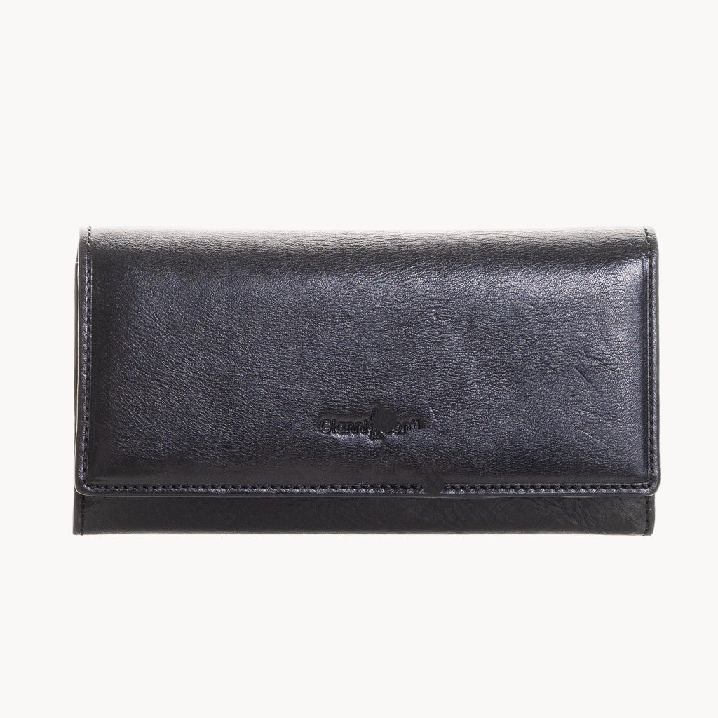 Black leather wallet with a brand logo on a white background