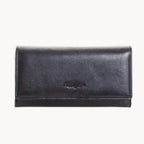 Black leather wallet with a brand logo on a white background