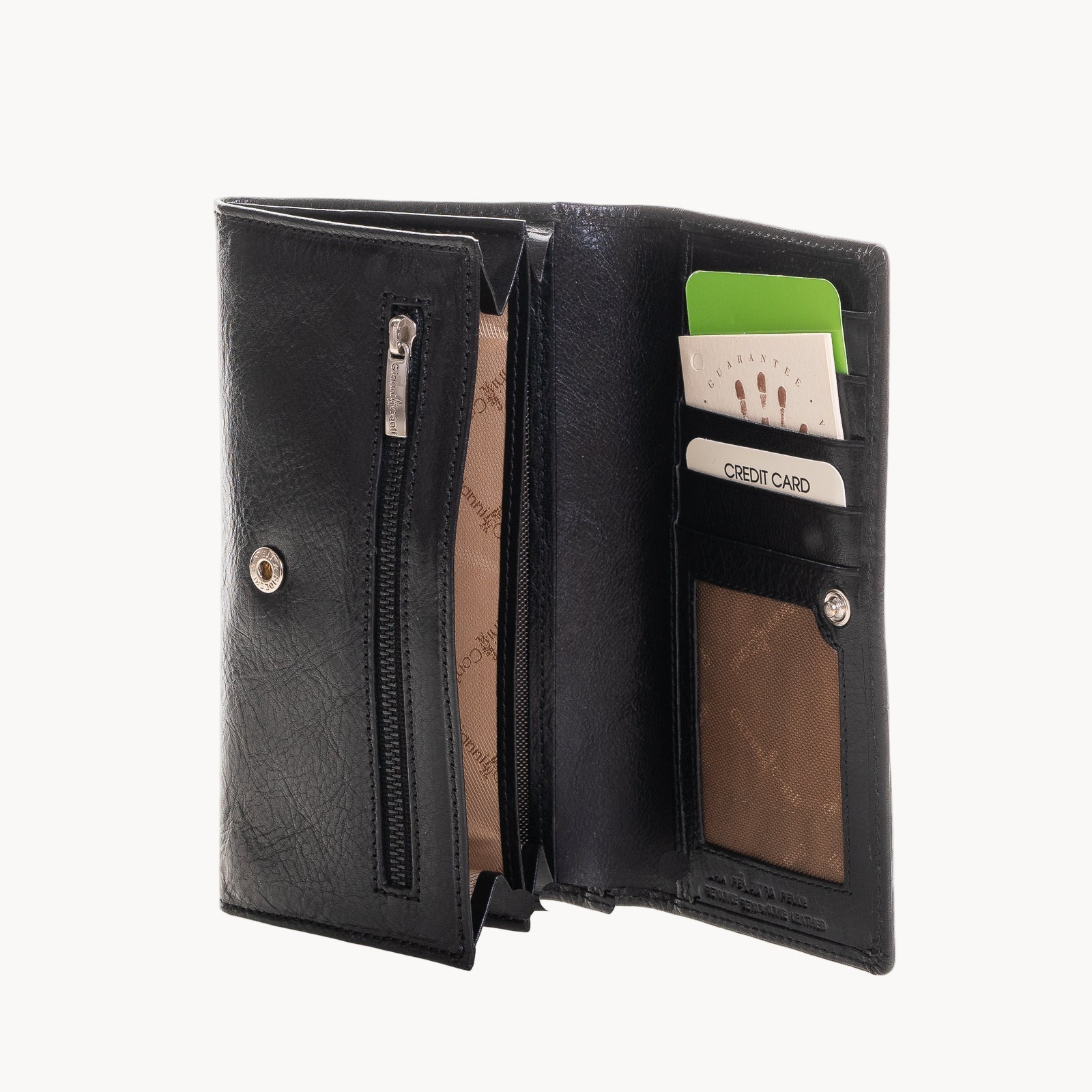Black leather wallet with card slots on a white background