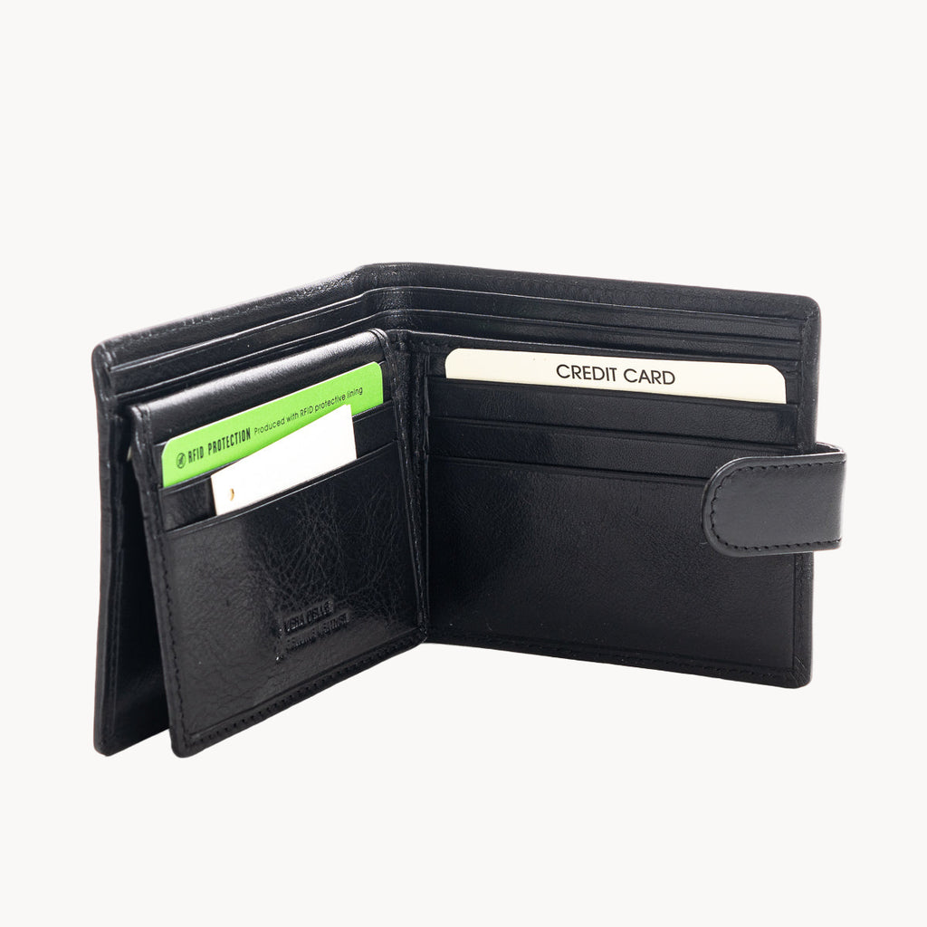 Black leather wallet with card slots on a white background